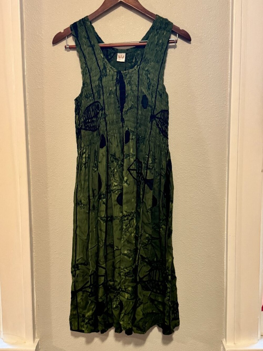 Pineapple Isle Batik Fish Print Smocked Sundress Green Midi One Size Made in Bal